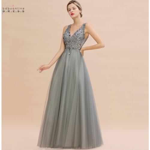 Luxury Silver Beads Crystals Tulle Evening Dress 2020 Robe De Soiree Sexy V Back Sequins Evening Prom Gowns Vestido De Festa