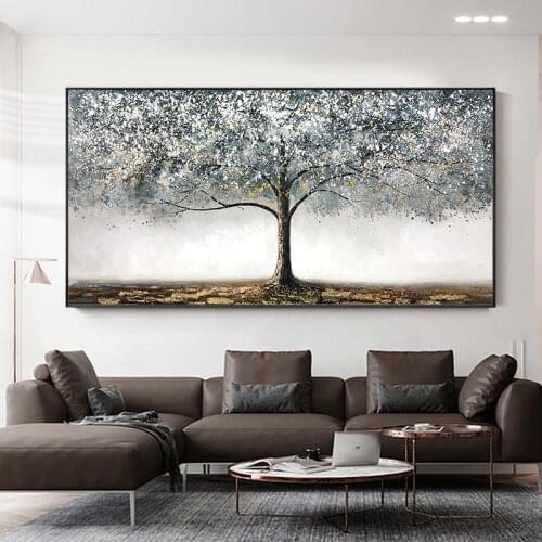 Hand painted abstract contracted manual rich tree family adornment of contemporary sitting room wall mural painting art hall