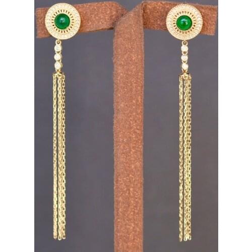 Aazuo Real 18K Yellow Gold Natural Emerald Real Diamonds Round Tassels Drop Earrings gifted for Women Engagement Wedding Party