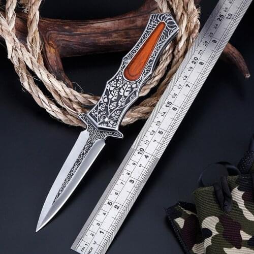 Stainless Steel Carved Wooden Handle Folding Knife Tactical High Hardness Hunting Knife Outdoor Survival Multifunctional Knife