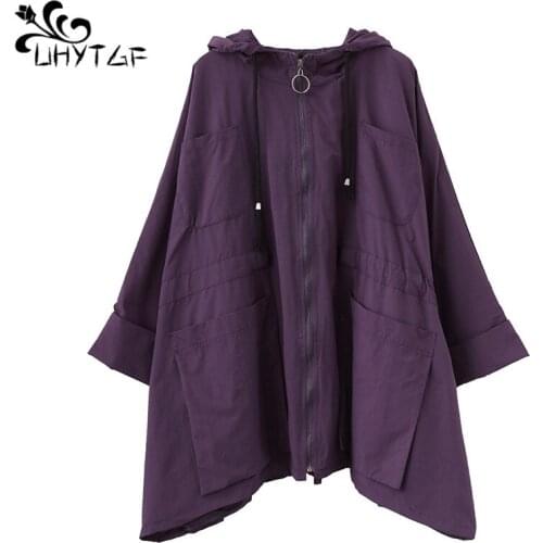 UHYTGF Female Streetwear Coats Loose wild Spring Autumn Trench Coat for Women Loose Hooded Plus Size Medium long trench coat 300