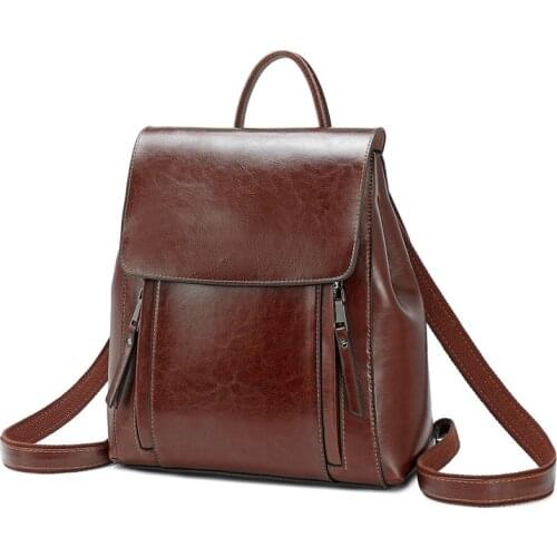 Women Oil Wax Cowhide Backpacks Vintage Female Shoulder Bag School Bags Genuine Leather Knapsack Girls Casual Daypack Rucksack
