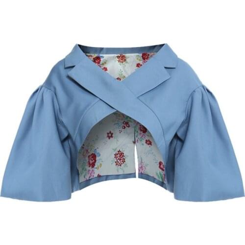 Light Blue Top Pattern Printed Irregular Short Jacket New V-collar Short Sleeve Women Coat Fashion Spring Autumn 2020 K881