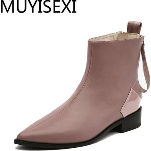 Women Ankle Boots Pointed Toe Autumn Genuine Leather Short Booties Back Zipper 3cm Low Heel Botas Mujer HL182 MUYISEXI