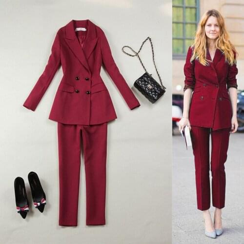 2 piece outfits for women new wine red slim temperament suit double-breasted suit+nine points straight pants suit two-piece suit