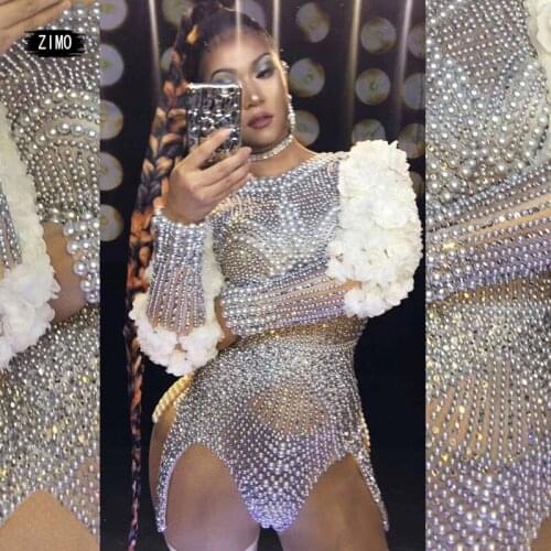 Pearl Rhinestones Bodysuit Women Sexy 3D flower Long sleeved Singer Stage Performance Dance Costume Birthday Party Club Designer