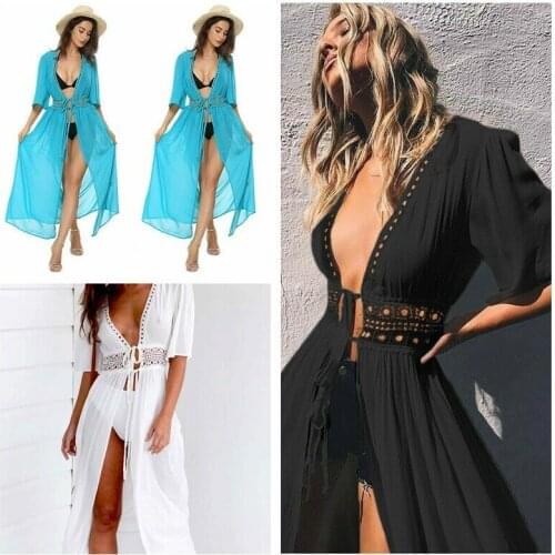 2019 Bikini Cover Up Solid Hollow out Beach Dress Summer Chiffon Swimwear Women Long Sleeve Bathing Suit Cover up Sexy Swimsuit