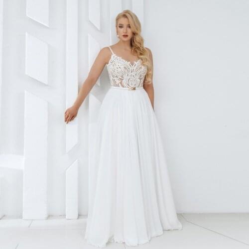 Sexy Chiffon Plus Size Wedding Dress Spaghetti Straps V Neck Lace Applique Wedding Gown Big Women Bride Dresses Robe De Mariee