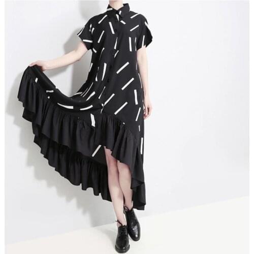 2019Spring And Summer New Lapel Long Sleeve Black Striped Split Ruffled Hem Loose Dress Female Fashion trend