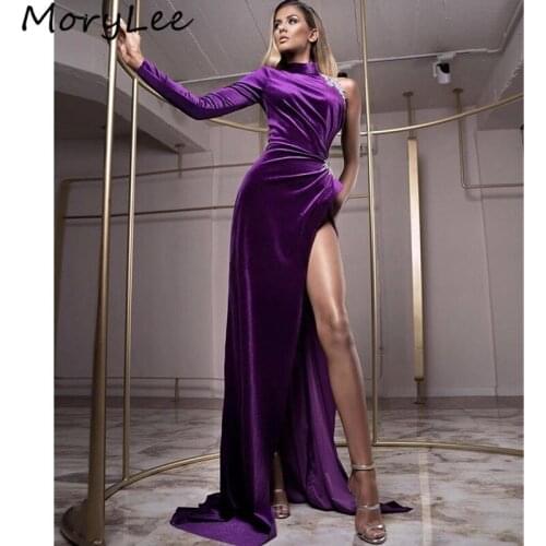Long Sleeves Evening Dresses Floor Length A-Line Side Slit Zipper Back Velour Evening Dresses vestidos de fiesta de noche