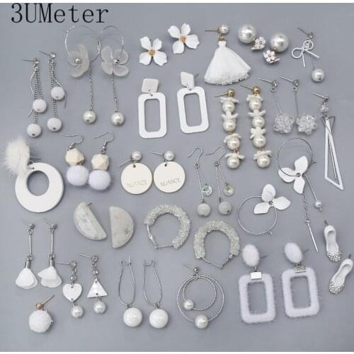 3UMeter 2019 New White Earring Simple Long Tassel Earrings Geometric Flower Pearl Earrings Crystal Women Jewelry Gift