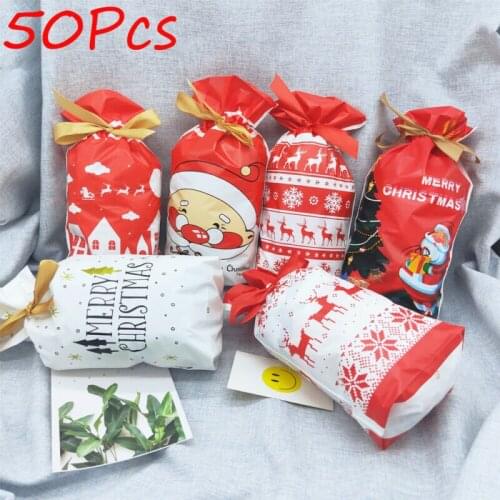 50Pc/Set Santa Claus Christmas Bag Cartoon Drawstring Elk Present Gift Candy Bag Xmas Food Present Storage Bag