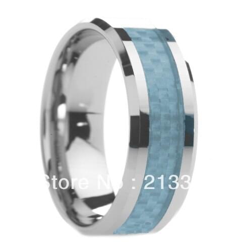 FREE SHIPPING!USA WHOLESALES CHEAP PRICE BRAZIL RUSSIA CANADA UK HOT SELLING 8MM BLUE FIBER BEVELED MENS TUNGSTEN WEDDING RING