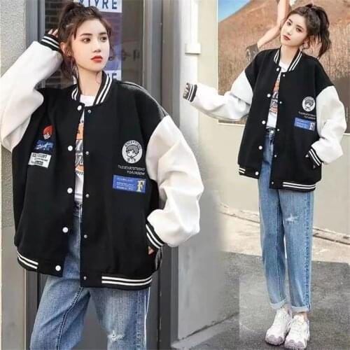 Contrasting Color Stitching Baseball Uniform Women Couple Students 2021 Spring Autumn Retro Cotton Jacket Coat Lining Plus 158