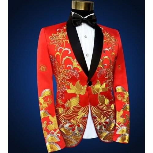 Hot Male Shawl Lapel Chinese Style Embroidered Slim Fit Blazer Design Red Black Singer Stage Costume Blazer For Men Regular