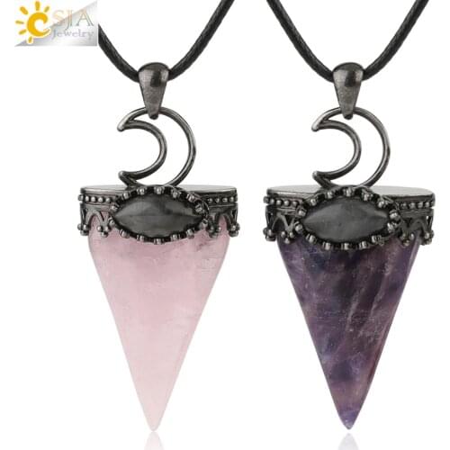 CSJA Natural Stone Triangle Pendant Necklace Antique Silver-color Crown Moon Labradorite Geometric Women Men Trendy Jewelry G324