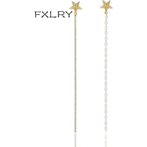FXLRY New Design Personality Gold AAA Cubic Zircon Stars Long Fringed Pearl Asymmetrical Earrings Fashion Jewelry