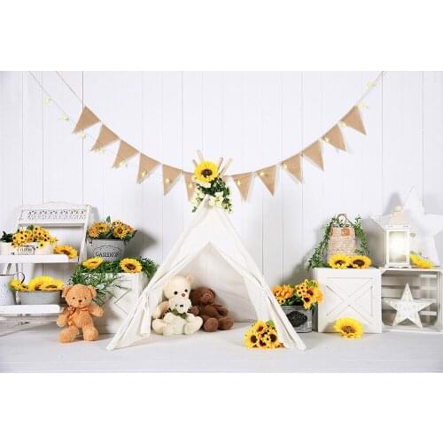 HUAYI Photography Backdrop Sunflowers White Tents Photo Background Baby Child 1st Birthday Cake Smash Studio Photocalls W-4352