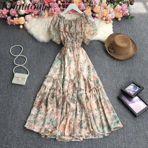 Kimutomo Off Shoulder Floral Dress Holiday Beach Style Casual Dresses Elegant Slash Neck High Waist Chiffon Long Vestidos