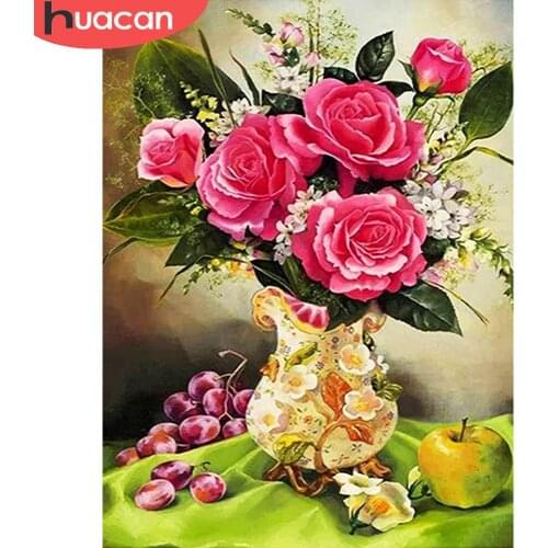 HUACAN Square/round Diamond Painting Full Rose Flower Embroidery Mosaic Floral Vase Cross Stitch Home Decor