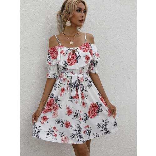 Summer Sexy Spaghetti Strap Floral Print Mini Dress Woman 2021 Casual Slash Neck Lace-up Ruffles Dresses Fashion Party Dress