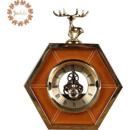 Metal Brown Clock with Deer Living Room TV Cabinet Desk Decoration Creative Desk Clock Ornaments Deer Clock Best Gift
