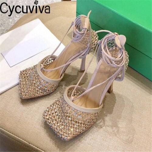 2021 Net Mesh Crystal Mules High Heel Gladiator Sandals Women Ankle Strap Party Brand Shoes Woman Summer Stiletto Sandals Women