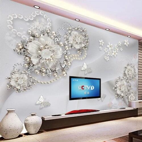 Custom 3D Wall Mural European Style Luxury 3D Relief Pearl Jewelry Flower Photo Wallpaper Living Room Bedroom Papel De Parede 3D