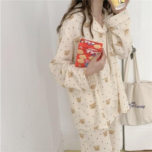Autumn gauze pajama set women home suit 100% cotton womens set sleepwear long sleeve shirts pants pajama set bear cartoon L424