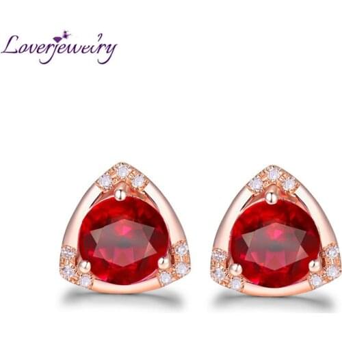 LOVERJEWELRY Triilion Shape Ruby Engagement Stud Earrings Solid 18Kt Rose Gold Promised Diamonds Jewelry For Wife Anniversary