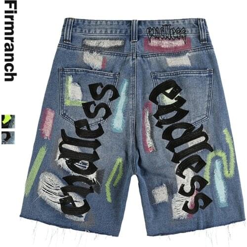 Firmranch New Back/Yellow Endless Embroidery Jeans Shorts For Men 2021 Ins Street Wear Jeans Homme Loose Denim Shorts Pants