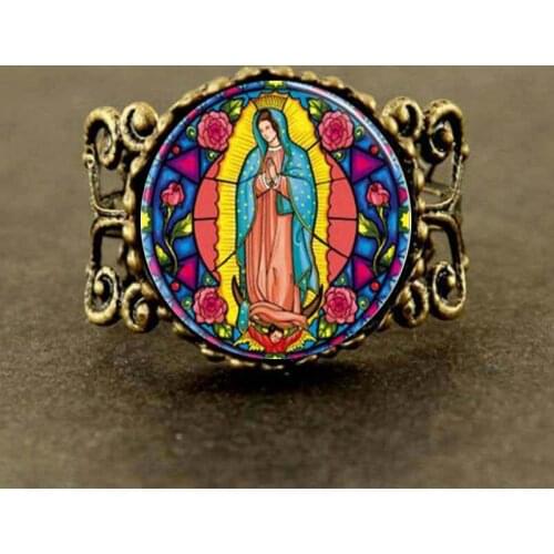 Steampunk Our Lady of Guadalupe Virgin Mary Sacred Heart Religious Stained Glass Bezel Art Ring jewelry new
