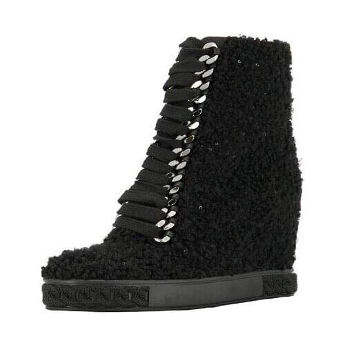 Height Increasing Winter Black Girls Wool 8 cm Wedges Lace Up Front Ankle Boots Woman Comfortable Zipper Back Short Booties Lady