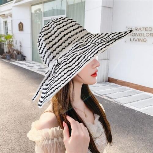 2021 Hot Sale Fashion Hepburn Wind Bule White Striped Bowknot Summer Sun Hat Beautiful Women Straw Beach Hat Large Brimmed Hat