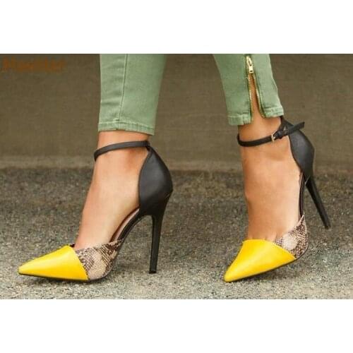 Women Black Yellow Patchwork Snakeskin Pumps Sexy Stiletto Heels Python Shallow Cut Banquet Shoes Buckle Strap Color Block Shoes