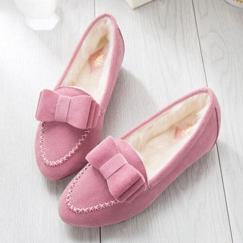 Winter shoes women fluffy warm plush moccasins anti-skid thick bottom bow slip on shoes woman flock espadrilles famous brand