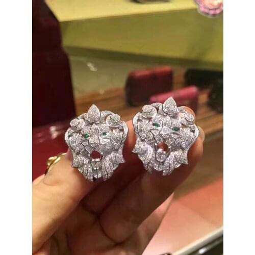 Lion head stud earring 925 sterling silver with cubic zircon fine women jewelry pave stone