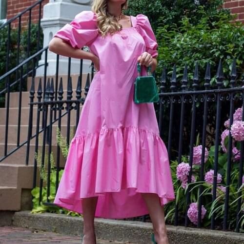 Retro Long Maxi Dress Women Solid Pink Ruffles Short Sleeve Square Neck Loose Dress Summer Elegant Inregular Dresses Vestidos