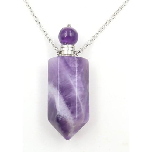 Natural Purple Crystal Quartz Stone Perfume Bottles Pendant Jewelry Mediterranean style Aromatherapy Pendulum Women Necklaces