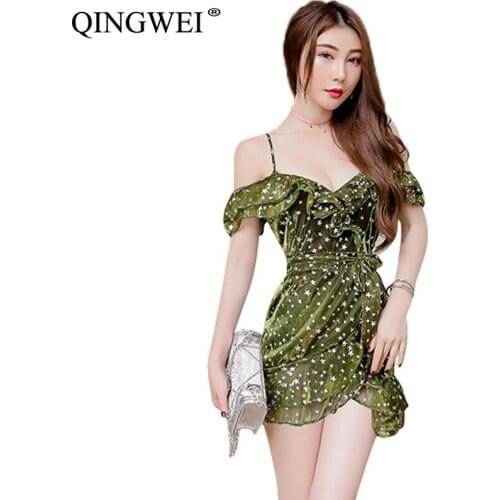 QINGWEI 2019 Summer New Women Dress High Waist Sequin Party Nightclub Black Dress Sexy V-neck Sling Temperament Green Dresses