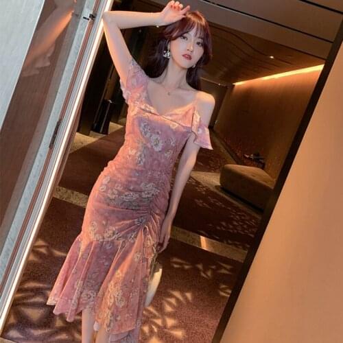 New arrival fashion korean party dress women elegant summer sexy off shoulder print temperament sweet pink mermaid bodycon dress