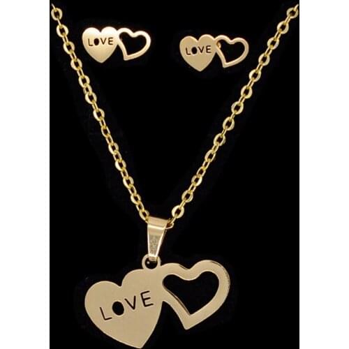 100% Stainless Steel PVD Gold Filled Love Heart Earring Necklace Jewelry Set Wholesale Stud Earrings AAAAA Quality Never Tarnish