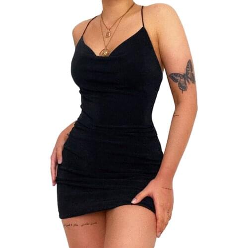 2021 Fashion Women Sexy Bodycon Slip Dress Lady Sleeveless V Neck Solid Slim Fit Mini Dress Club Evening Party Dress Sundress