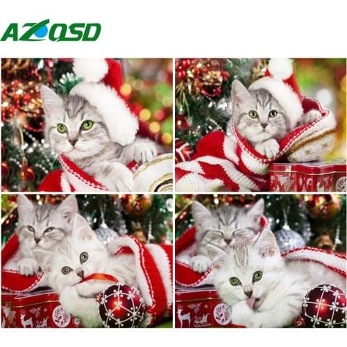 AZQSD DIY Oil Painting By Numbers Christmas Cat Home Decoration Unframe Pictures By Numbers Canvas Animal Handpainted Gift
