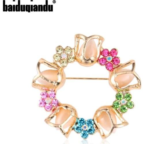 Baiduqiandu Brand New Arrival Gold Color Plated Rainbow Crystal Flower Garland Brooch Pins for Women Fashion Costume Jewelry