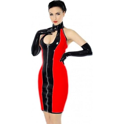 Sleeveless Shiny Leather Skinny Bodycon Dresses With Gloves for Women Black Patchwork PVC Dress with Zipper Sexy Party Dress