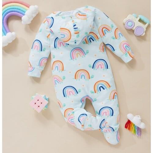 Infant Baby’s Girls Boys Casual Long Sleeve Footed Jumpsuit Fresh Rainbow Print Zipper Hooded Long Romper 2021 New Fashion