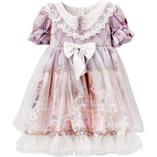 Children Princess Dress For Girls Lolita Puff Sleeve Mesh Lacework Kids Dress Summer Children Clothes with Bow 4-12Y