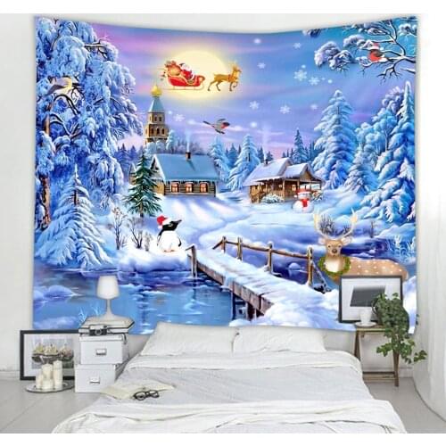 Christmas snow village oil painting style printed tapestries are soft and easy to care for wall decoration hanging cloth