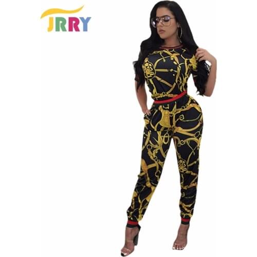 JRRY New Casual Two Pieces Print Women Jumpsuit Short Sleeve Top Skinny Long Pants Ladies Jumpsuit Plus Size 3XL